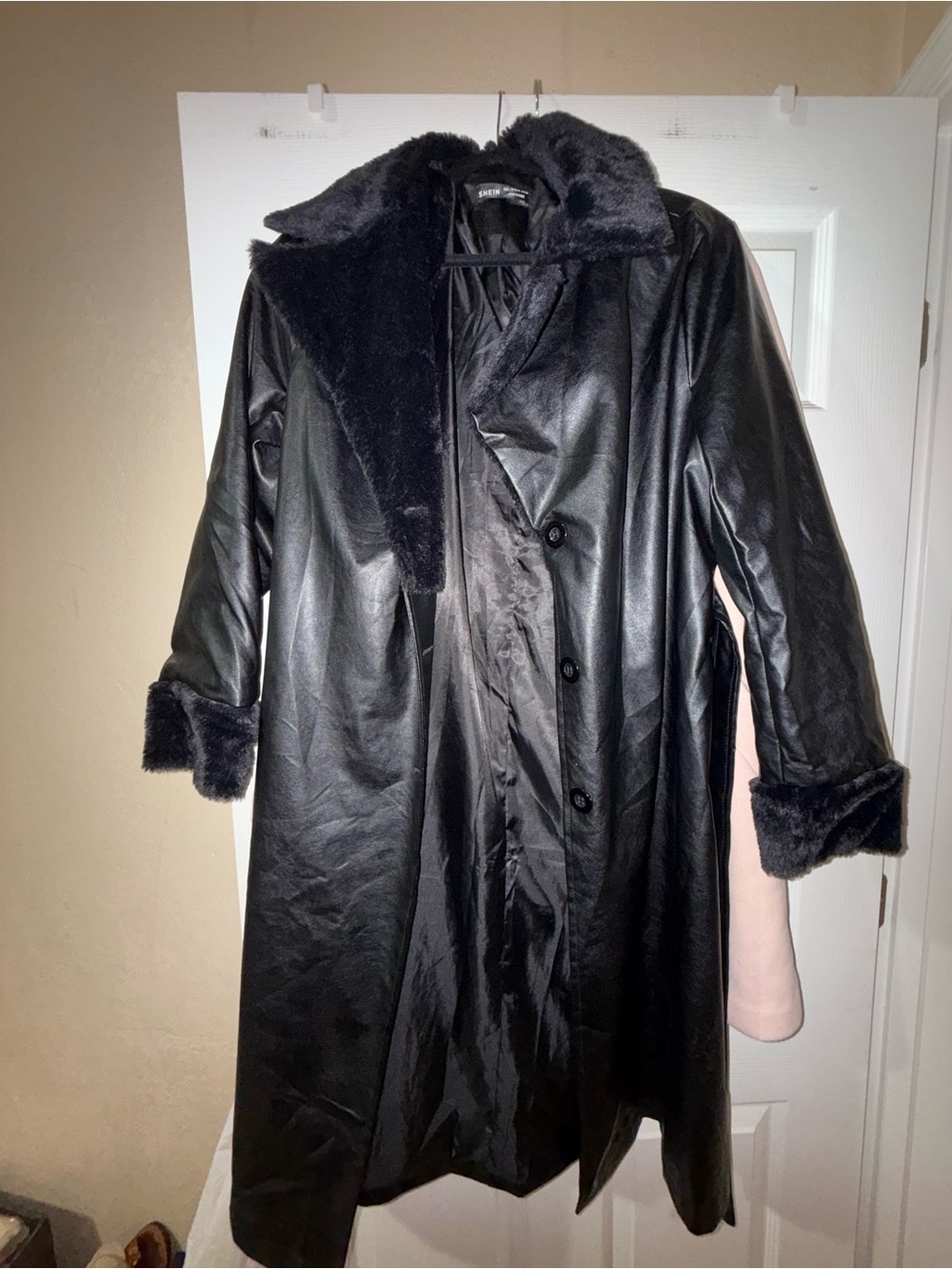 SHEIN leather fur long coat